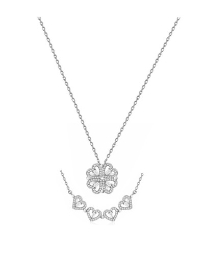 COLLIER EN ARGENT PENDENTIF MODIFIABLE TREFLE ET 4 COEURS AVEC PIERRES