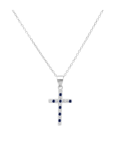 COLLIER EN ARGENT CROIX AVEC PIERRES BLANCHES ET BLEUES