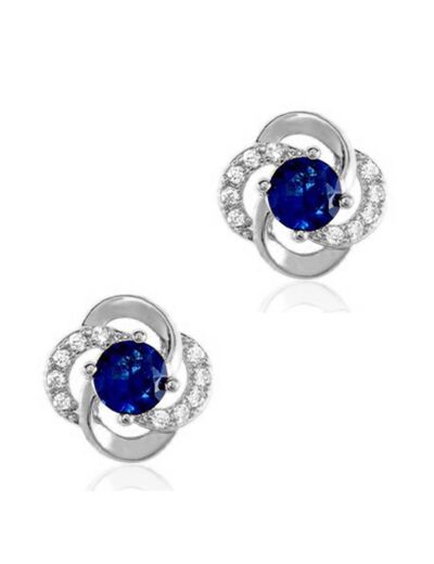 BOUCLES D'OREILLES EN ARGENT FLEUR AVEC PIERRES BLANCHES ET SOLITAIRE BLEU