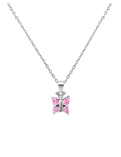 COLLIER EN ARGENT PENDENTIF PAPILLON AVEC PIERRES ROSES