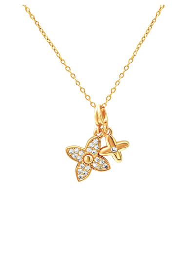 COLLIER EN ACIER DORE PENDENTIF DOUBLE FLEURS AVEC STRASS