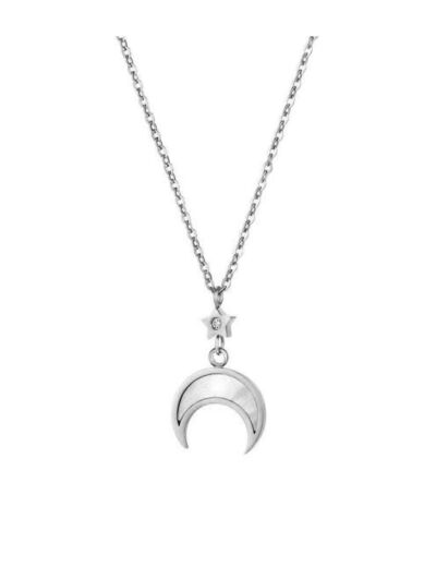 COLLIER EN ACIER ETOILE AVEC STRASS ET DEMI LUNE NACREE