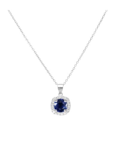 COLLIER EN ARGENT PENDENTIF CARRE AVEC SOLITAIRE BLEU ET PIERRES