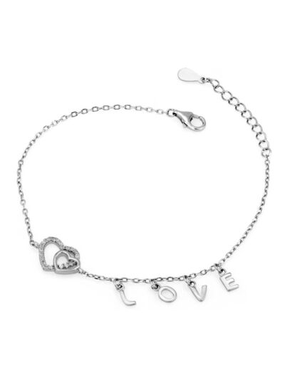 BRACELET EN ARGENT AVEC DOUBLE COEUR ET LOVE