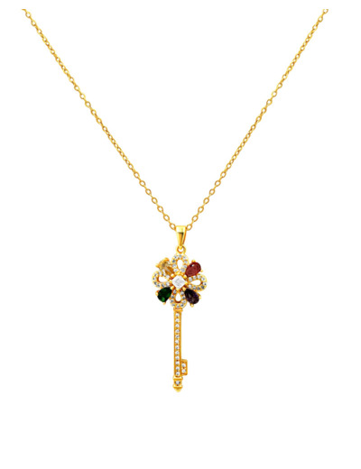 COLLIER EN ACIER DORE PENDENTIF CLE AVEC PIERRES MULTI COULEUR