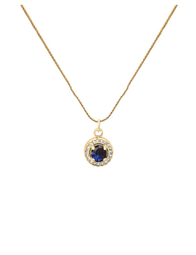 COLLIER EN ACIER DORE PENDENTIF ROND AVEC STRASS ET SOLITAIRE SAPHIR