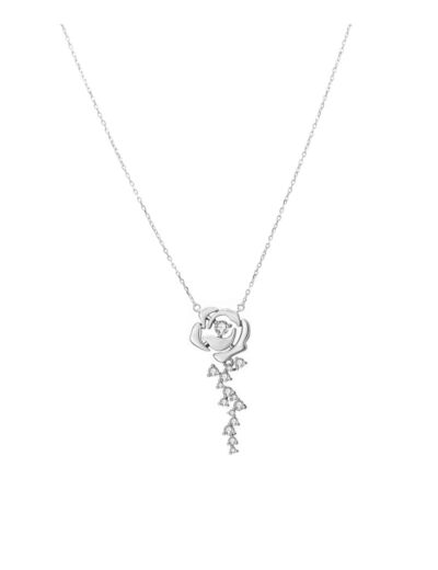 COLLIER EN ARGENT MOTIF ROSE ET TIGE AVEC PIERRES