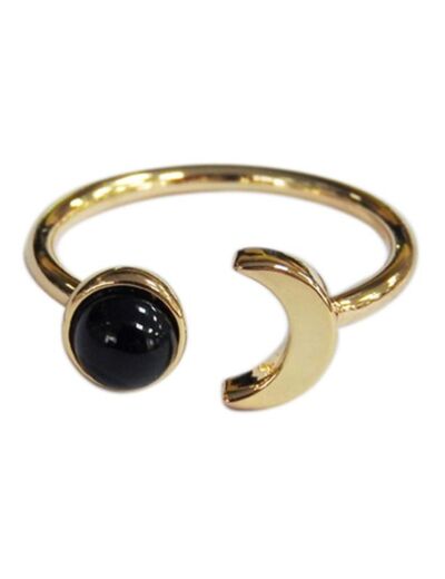 Claraline : Bague Onyx Noir Perle 6 mm et Lune Métal Doré Ajustable