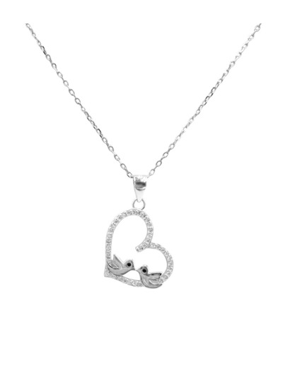 COLLIER EN ARGENT PENDENTIF COEUR SERTI DE PIERRES ET 2 OISEAUX