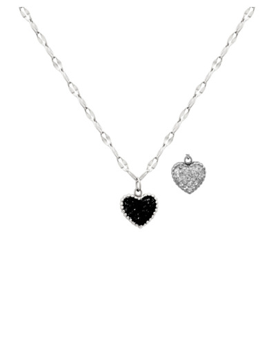 COLLIER EN ACIER AVEC PENDENTIF COEUR REVERSIBLE STRASS NOIR ET BLANC